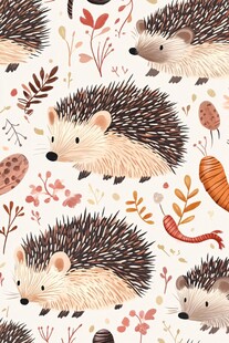 刺猬与花草的可爱插画图案