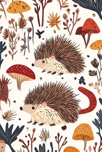 刺猬与蘑菇的森林插画