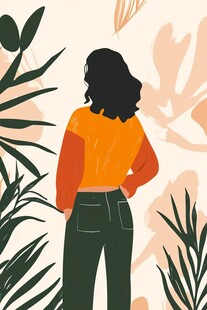 背影女孩置身绿植间