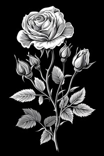 黑白手绘玫瑰花卉图案