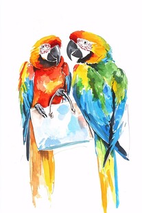 水彩双鹦鹉与手提包画面