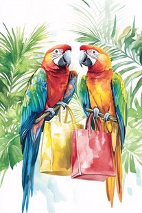 鹦鹉携购物袋于热带风光中
