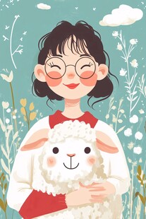 女孩怀抱小羊的温馨画面