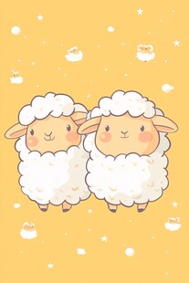 可爱双羊在黄色梦幻背景中