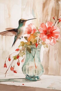 蜂鸟绕花于绿瓶的水彩画