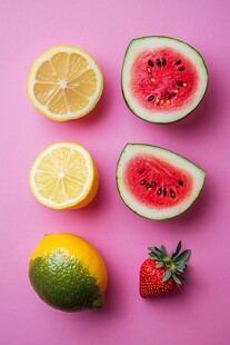 缤纷水果摆于粉色背景中