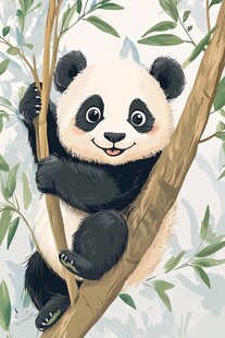可爱熊猫树上快乐玩耍