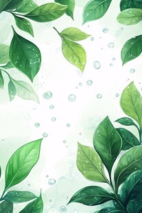 清新绿叶水珠水彩背景图