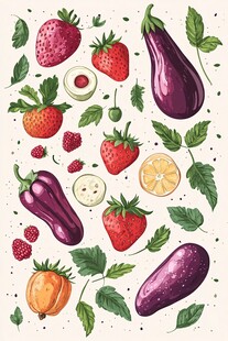 果蔬插画 多彩草莓与茄子