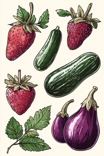 草莓黄瓜茄子插画素材
