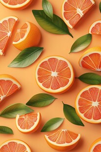 橙色背景上的鲜橙与绿叶