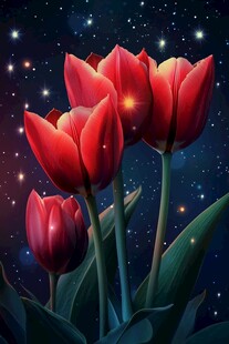 星空下的艳丽红郁金香