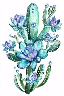 水彩绘蓝花仙人掌插画