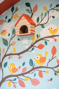 童趣墙绘 树上鸟窝与小鸟