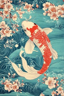 锦鲤游于繁花波浪间