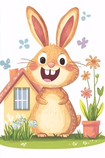可爱兔子与小屋花卉场景