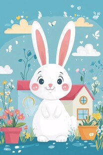 可爱白兔在缤纷花园中