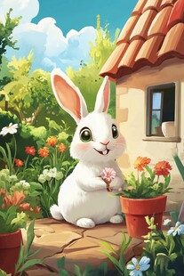 白兔持花于庭院花丛间