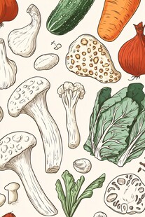 手绘多样蔬菜与菌类插画
