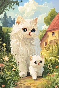 田园中漫步的猫咪母子