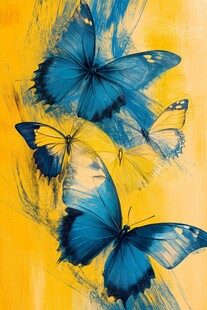 蓝蝶舞于明黄背景间