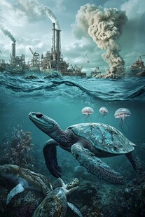 海龟与海面工业污染景象