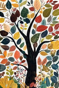 多彩秋叶树的梦幻插画