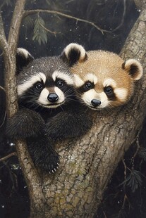 依偎在树上的可爱小浣熊