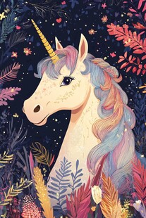 梦幻独角兽置身奇幻植物中