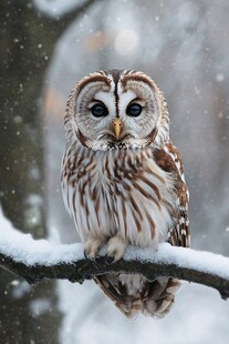 雪中猫头鹰栖息于枝头