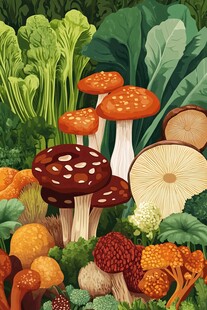 多彩蘑菇与蔬菜的奇幻组合