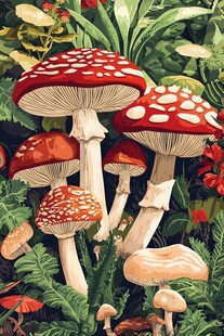 奇幻森林中的红伞蘑菇