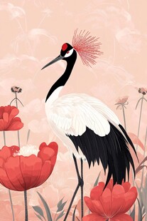 丹顶鹤立于繁花之中