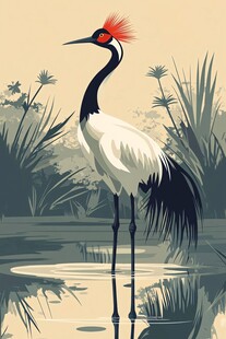 丹顶鹤立于水边静谧之景