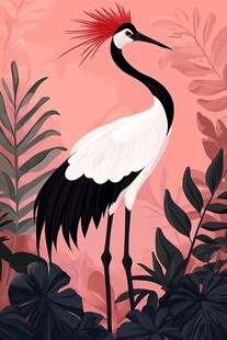 丹顶鹤于绿植间优雅伫立