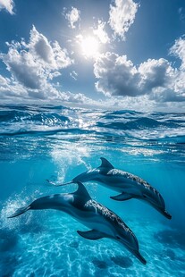 碧海蓝天下的双海豚畅游