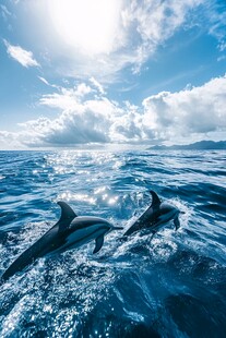 碧海蓝天中欢跃的海豚