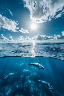 碧海蓝天间的海豚畅游