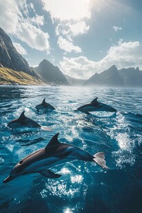 海豚在碧海蓝天间畅游