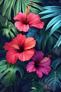 热带艳丽扶桑花与绿叶