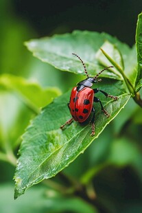 红黑甲虫栖于绿叶之上