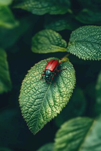 绿叶上的红甲虫