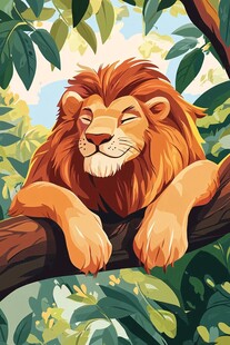 狮子惬意栖于绿荫树枝间