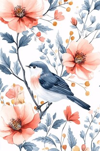 花鸟水彩插画 清新自然风