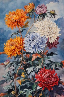 多彩菊花油画花卉图