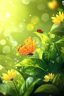 春日蝶影与瓢虫的清新图景