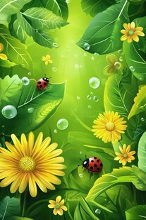 夏日绿叶间的瓢虫与繁花