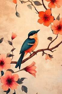 花鸟图中栖鸟赏艳花