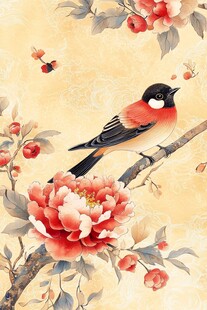 花鸟图 枝头雀与盛开牡丹