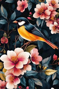 花鸟绘景 小鸟栖于繁花间